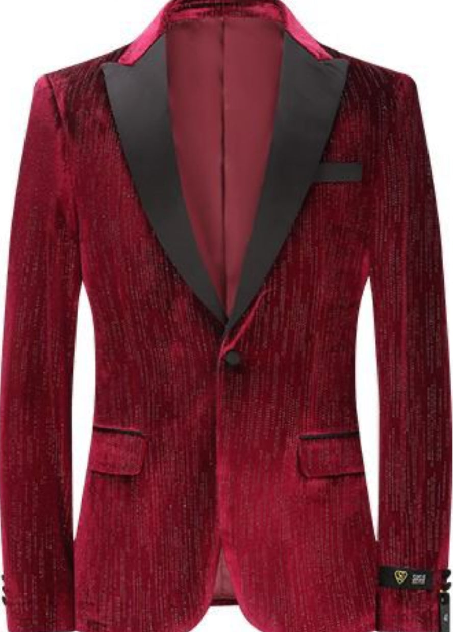 FB30-1223 Burgundy/Silver Luxury Slim Fit Velvet Blazer W/Bow Tie