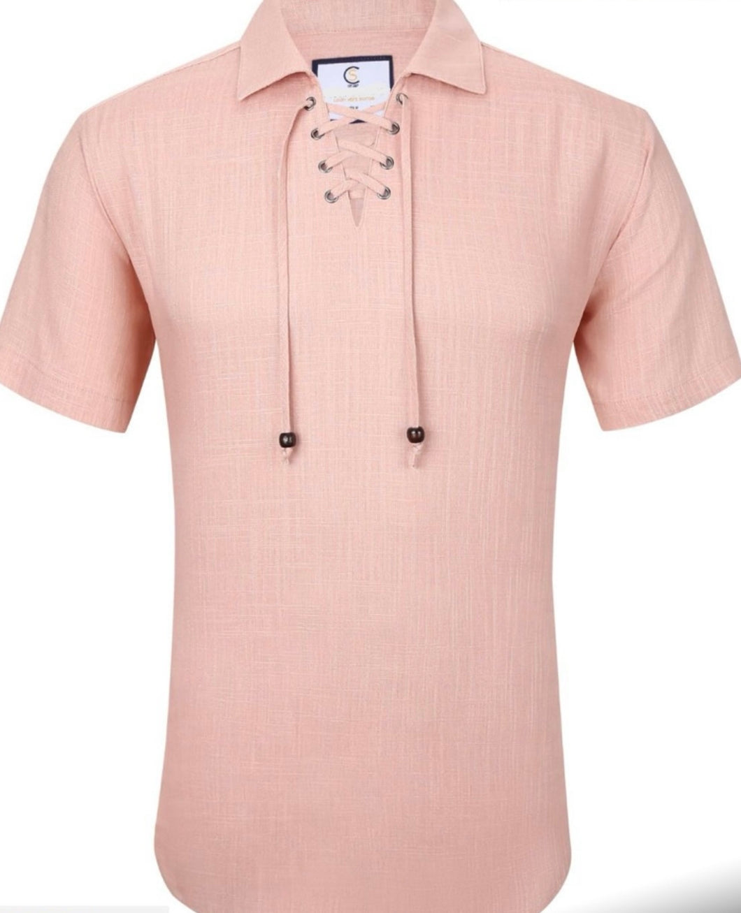 LCS812-625 Peach Linen Drawstring Neck Shirt