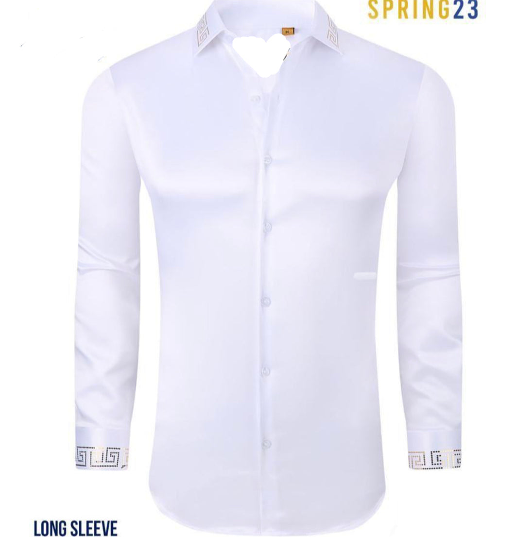 SR709-1/623 White Sateen LS Shirt W/ Gold Meander Patterned Collar & Cuff